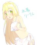  1girl bikini blonde_hair braid creatures_(company) crown_braid game_freak green_eyes lillie_(pokemon) long_hair midriff nintendo open_mouth pokemon pokemon_(anime) pokemon_sm_(anime) sarong simple_background solo swimsuit tea_hiyo white_background white_bikini white_sarong 