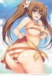  1girl absurdres ass bikini blue_eyes blush breasts brown_hair day front-tie_top highres large_breasts long_hair looking_at_viewer looking_back navel orange_bikini original page_number scan shiny shiny_skin skirt skirt_lift smile solo striped striped_bikini swimsuit tomose_shunsaku twintails under_boob 