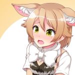  1girl animal_ear_fluff animal_ears black-backed_jackal_(kemono_friends) blonde_hair blush bow bowtie collared_shirt commentary_request ears_down extra_ears eyebrows_visible_through_hair jackal_ears kemono_friends nose_blush shirt short_hair short_sleeves solo t-shirt tearing_up totokichi upper_body vest yellow_eyes 