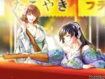  2girls :d ;) aqua_nails black_hair blurry blurry_background bow breasts brown_hair cleavage closed_eyes collarbone copyright_name earrings facing_viewer festival flower glint gun hair_bow hair_flower hair_ornament holding holding_gun holding_weapon japanese_clothes jewelry kimono large_breasts lens_flare medium_hair multiple_girls nail_polish necklace official_art one_eye_closed open_mouth outdoors pandora_party_project ponytail sharp_teeth smile teeth upper_body usagiya_koharu weapon yukata 