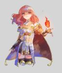  1girl armor armored_dress bare_shoulders black_gloves black_legwear breasts cape celica_(fire_emblem) cleavage cowboy_shot detached_collar dress earrings fingerless_gloves fire fire_emblem fire_emblem_echoes:_mou_hitori_no_eiyuuou gloves grey_background highres itou_(very_ito) jewelry red_eyes redhead short_dress short_hair simple_background small_breasts smile solo thigh-highs zettai_ryouiki 
