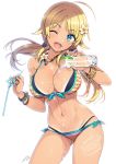  1girl ;d ahoge ass_visible_through_thighs bikini bikini_tan blonde_hair blue_eyes bracelet breasts cleavage contrapposto cowboy_shot flower front-tie_bikini front-tie_top hachimiya_meguru hair_flower hair_ornament head_tilt idolmaster idolmaster_shiny_colors jewelry large_breasts layered_bikini long_hair looking_at_viewer low_twintails navel necklace one_eye_closed ootomo_takuji open_mouth shiny shiny_skin side-tie_bikini simple_background skindentation smile solo swimsuit tan tanline twintails wet white_background 