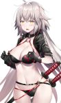  1girl ahoge bangs bikini black_bikini black_jacket blush breasts choker cleavage collarbone cropped_jacket fate/grand_order fate_(series) hair_between_eyes highres hips jacket jeanne_d&#039;arc_(alter_swimsuit_berserker) jeanne_d&#039;arc_(fate)_(all) katana large_breasts long_hair looking_at_viewer navel o-ring open_mouth rin_yuu simple_background solo strap_pull swimsuit sword thighs very_long_hair waist weapon white_background yellow_eyes 