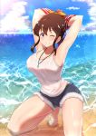  1girl absurdres armpits bare_legs bare_shoulders barefoot beach blue_eyes brown_hair clouds commentary_request denim denim_shorts grin hair_ribbon highres idolmaster idolmaster_million_live! jewelry kneeling looking_at_viewer necklace ocean one_eye_closed ponytail ribbon satake_minako shorts sidelocks sky smile solo tank_top water wattsu wet wet_clothes white_tank_top 