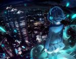  1girl alice_(sinoalice) black_legwear blue_hair blue_jacket blue_skirt building city_lights cityscape commentary_request facing_away floating_hair from_behind headphones hoshizaki_reita jacket pleated_skirt rooftop scenery school_uniform short_hair sinoalice skirt skyscraper solo standing thigh-highs uniform 