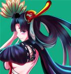  1girl bangs black_hair blue blue_eyes blush breasts closed_mouth detached_sleeves eyebrows_visible_through_hair fate/grand_order fate_(series) from_side green_background highres jellyring long_hair looking_at_viewer looking_back mask medium_breasts parted_bangs sideboob simple_background smile solo tengu_mask upper_body ushiwakamaru_(fate/grand_order) very_long_hair 