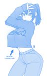  1girl blue breasts closed_mouth commentary_request contrapposto cowboy_shot denim directional_arrow ekz_(drawfag) hands_up highres huge_breasts long_sleeves looking_at_viewer monochrome original pants ponytail signature simple_background solo standing sweater v white_background 