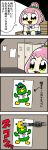  1girl 4koma backwards_hat balisong baseball_cap baseball_uniform bench bird bkub blue_neckwear blue_skirt comic commentary_request eyebrows_visible_through_hair green_eyes green_feathers green_scrunchie hachigatsu_no_cinderella_nine hair_bun hair_ornament hair_scrunchie hat highres ikusa_katato interlocked_fingers knife locker locker_room motion_lines necktie open_mouth pink_hair poster_(object) school_uniform scrunchie shirt short_hair simple_background sitting skirt smile speech_bubble sportswear talking throwing_knife translation_request two-tone_background two_side_up weapon 