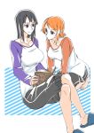  2girls :/ arm_support bangs barefoot black_eyes black_hair book brown_eyes casual closed_mouth collarbone futo_(hbnn328) holding holding_book kneeling knees legs_crossed long_sleeves looking_at_another medium_hair multiple_girls nami_(one_piece) nico_robin one_piece open_book orange_hair reading shirt short sitting slippers smile swept_bangs toes 