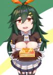 1girl absurdres blush breasts buttons cake cetme_ameli_(girls_frontline) cleavage cleavage_cutout food girls_frontline gloves green_hair headband highres holding incoming_hug large_breasts long_hair looking_at_viewer open_mouth red_eyes rifusutaku simple_background skirt solo thigh-highs tray 