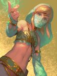  1boy alternate_costume arabian_clothes armlet artist_name bandeau bare_shoulders bellhenge blonde_hair blue_eyes bridal_gauntlets circlet crossdressinging detached_sleeves earrings gerudo gerudo_link halterneck harem_pants jewelry link looking_at_viewer male_focus midriff navel pants pointy_ears simple_background solo stomach the_legend_of_zelda the_legend_of_zelda:_breath_of_the_wild trap veil 