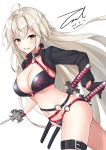  1girl ahoge bangs bikini black_bikini black_jacket blush breasts choker cleavage collarbone cropped_jacket dated eyebrows_visible_through_hair fate_(series) gloves groin hair_between_eyes holding holding_sword holding_weapon jacket jeanne_d&#039;arc_(alter)_(fate) jeanne_d&#039;arc_(alter_swimsuit_berserker) jeanne_d&#039;arc_(fate)_(all) katana large_breasts long_hair looking_at_viewer messy_hair multiple_swords navel o-ring parted_lips sidelocks signature simple_background smirk solo stomach swimsuit sword thigh_strap unel very_long_hair weapon white_background yellow_eyes 