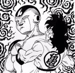  2boys clenched_hands clenched_teeth commentary_request dougi dragon_ball dragonball_z facial_scar frieza hatching_(texture) highres ink_(medium) lee_(dragon_garou) long_hair male_focus monochrome multiple_boys muscle scar scar_on_cheek smile smug sweat teeth traditional_media wristband yamcha 