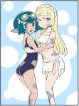  2girls bikini blonde_hair blue_eyes blue_hair braid creatures_(company) crown_braid dirty_clothes dirty_face from_side game_freak goggles goggles_on_head green_eyes hideyuki_i lillie_(pokemon) long_hair looking_to_the_side midriff mud multiple_girls navel nintendo one-piece_swimsuit one_eye_closed open_mouth pokemon pokemon_(anime) pokemon_sm_(anime) sarong short_hair smile standing suiren_(pokemon) swimsuit white_bikini white_sarong 