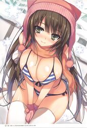  1girl absurdres bangs beanie bikini blush breasts brown_eyes brown_hair closed_mouth eyebrows_visible_through_hair gloves hat highres large_breasts long_hair looking_at_viewer original page_number pom_pom_(clothes) scan scarf shiny shiny_hair shiny_skin smile snow snowflakes solo striped striped_bikini swimsuit tomose_shunsaku white_legwear winter_clothes 