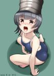  1girl arare_(kantai_collection) artist_name barefoot black_hair blue_swimsuit brown_eyes competition_school_swimsuit dated green_background hat kantai_collection looking_at_viewer mokerou open_mouth school_swimsuit short_hair sitting solo swimsuit yokozuwari 