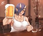  1girl airisubaka alcohol artist_name beer blue_hair breasts earrings elf-san_wa_yaserarenai. hair_over_one_eye jewelry large_breasts looking_at_viewer muscle muscular_female oga-san oni oni_horns open_mouth pointy_ears short_hair signature smile solo yellow_eyes 