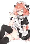  1boy absurdres alternate_costume apron astolfo_(fate) black_dress black_legwear black_ribbon blown_kiss blush bow bowtie commentary_request crossdressinging dress enmaided fate/grand_order fate_(series) hair_intakes hair_ribbon hasegawa_(rarairairai) highres looking_at_viewer maid maid_apron maid_headdress male_focus multicolored_hair one_eye_closed panties panty_peek pink_hair puffy_short_sleeves puffy_sleeves ribbon short_sleeves simple_background sitting solo streaked_hair thigh-highs trap underwear violet_eyes white_apron white_background white_neckwear 