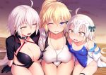  3girls ahoge alternate_costume bare_shoulders bikini blonde_hair blue_eyes blush breasts cleavage commentary_request drawstring erect_nipples eyebrows_visible_through_hair fate/grand_order fate_(series) gloves groin hair_between_eyes headpiece jeanne_d&#039;arc_(alter_swimsuit_berserker) jeanne_d&#039;arc_(fate)_(all) jeanne_d&#039;arc_(swimsuit_archer) jeanne_d&#039;arc_alter_santa_lily large_breasts long_hair medium_breasts multiple_girls off_shoulder one_eye_closed open_mouth satou_kuuki short_hair small_breasts swimsuit swimsuit_under_clothes thigh_gap thigh_strap very_long_hair white_hair yellow_eyes 