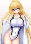  1girl bespectacled black-framed_eyewear blonde_hair blue_eyes breasts competition_swimsuit covered_navel cowboy_shot fate/grand_order fate_(series) glasses highleg highleg_swimsuit highres jacket jeanne_d&#039;arc_(fate) jeanne_d&#039;arc_(fate)_(all) large_breasts long_hair masatoki one-piece_swimsuit solo swimsuit track_jacket whistle whistle_around_neck white_jacket white_swimsuit 