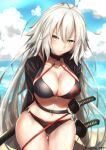  1girl ahoge arms_behind_back beach belt bikini black_bikini black_jacket blush breasts choker cleavage clouds cloudy_sky collarbone commentary_request fate/grand_order fate_(series) highres jacket jeanne_d&#039;arc_(alter_swimsuit_berserker) katana large_breasts leaning_forward long_hair looking_at_viewer navel o-ring o-ring_bikini ocean open_clothes open_jacket sebire silver_hair sky solo swimsuit sword twitter_username very_long_hair weapon yellow_eyes 