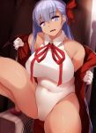  1girl bare_shoulders bb_(fate/extra_ccc) bb_(swimsuit_mooncancer)_(fate) breasts covered_navel fate/extra fate/extra_ccc fate/grand_order fate_(series) gloves highres large_breasts leotard long_hair looking_at_viewer neck_ribbon purple_hair ribbon smile solo tan very_long_hair violet_eyes white_gloves yuzumiya_mono 