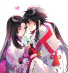  1boy 1girl ahoge azai_nagamasa_(sengoku_basara) black_hair blush closed_eyes commentary_request couple fingerless_gloves gloves heart japanese_clothes kangetsu_(fhalei) kimono long_hair long_sleeves oichi_(sengoku_basara) parted_lips ponytail red_gloves sengoku_basara simple_background smile tassel violet_eyes watermark white_background 