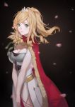  1girl absurdres angelia bill7689 black_background blonde_hair breasts cape cleavage green_eyes highres long_hair looking_at_viewer medium_breasts red_cape sdorica_-sunset- smile solo standing tiara 