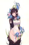  1girl ane_naru_mono bare_shoulders black_hair chiyo_(ane_naru_mono) commentary covered_navel eyebrows_visible_through_hair flower highleg highleg_leotard highres horns leotard long_hair looking_at_viewer morning_glory pochi_(pochi-goya) pointy_ears simple_background solo very_long_hair violet_eyes white_background white_leotard 