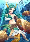  1girl :d air_bubble alsea aqua_eyes aqua_hair bare_shoulders breasts bubble fantasy gloves hestia_(sdorica_-sunset-) horns long_hair medium_breasts mermaid monster_girl navel open_mouth school_of_fish sdorica_-sunset- smile sunlight turtle underwater very_long_hair white_gloves 