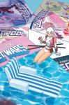  1girl artist_name barrel cocktail cocktail_glass cocktail_umbrella cover cover_page cup dinosaur drink drinking_glass ground_vehicle gurihiru gwen_poole gwenpool heart highres katana lips looking_at_viewer manga_(object) marvel mask miles_morales motor_vehicle octopus official_art partially_submerged pouch rocket signature sitting smile solo spider-man_(miles_morales) spider-man_(series) superhero sword truck umbrella weapon 