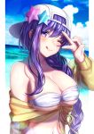  1girl ;q artist_name bare_shoulders bb_(fate/extra_ccc) bb_(swimsuit_mooncancer)_(fate) blue_sky blush braid breasts clouds day fate/grand_order fate_(series) hat large_breasts long_hair looking_at_viewer navel ocean one_eye_closed purple_hair saruei single_braid sky solo star tongue tongue_out upper_body v violet_eyes white_hat 
