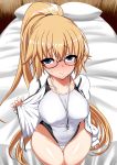  1girl bed black-framed_eyewear blonde_hair blue_eyes blush commentary_request competition_swimsuit fate/grand_order fate_(series) full-face_blush glasses highres holding holding_jacket jacket jeanne_d&#039;arc_(swimsuit_archer) long_hair looking_at_viewer on_bed one-piece_swimsuit open_clothes open_jacket pillow ponytail semi-rimless_eyewear sitting sitting_on_bed smile solo suiruu_(yuriusu) sweatdrop swimsuit thigh_gap under-rim_eyewear very_long_hair whistle whistle_around_neck 