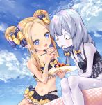  2girls :d :t abigail_williams_(fate/grand_order) awa_(rosemarygarden) bangs bare_arms bare_shoulders bikini black_bikini blonde_hair blue_bow blue_eyes blue_sky blush bow brown_eyes closed_mouth clouds collarbone commentary_request day double_bun emerald_float fate/grand_order fate_(series) feeding fingernails food forehead fork hair_between_eyes hair_bow holding holding_fork holding_plate innertube lavinia_whateley_(fate/grand_order) long_hair looking_at_another multiple_girls navel open_mouth outdoors pale_skin parted_bangs plate polka_dot polka_dot_bow polka_dot_innertube see-through side_bun silver_hair sky smile swimsuit wide-eyed yellow_bow 