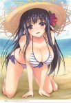  1girl absurdres beach bikini black_hair blue_bikini breasts brown_eyes cleavage day flower hair_flower hair_ornament hat highres large_breasts long_hair looking_at_viewer original page_number parted_lips sand scan side-tie_bikini solo straw_hat striped striped_bikini swimsuit tomose_shunsaku 