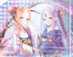  2girls abigail_williams_(fate/grand_order) bangs bare_shoulders blue_eyes blush bow butterfly_hair_ornament closed_mouth collarbone commentary_request dual_persona eyebrows_visible_through_hair fate/grand_order fate_(series) fingernails floral_print flower forehead glowing hair_bow hair_bun hair_flower hair_ornament hand_up head_tilt holding japanese_clothes kimono long_hair long_sleeves looking_at_viewer multiple_girls obi off_shoulder orange_bow orange_flower parted_bangs parted_lips pink_flower print_kimono purple_hair purple_kimono ripples sanka_tan sash sleeves_past_fingers sleeves_past_wrists smile tree very_long_hair violet_eyes white_kimono wide_sleeves 