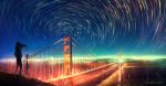  1girl bridge camera city_lights commentary facing_away floating_hair from_behind golden_gate_bridge hands_in_pockets highres long_hair motion_blur night night_sky original outdoors photo-referenced river san_francisco sky solo standing star star_(sky) star_trail starry_sky tripod water wenqing_yan wind 