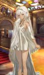  1girl altera_(fate) breasts choker commentary craft_essence dark_skin detached_sleeves dress fate/grand_order fate_(series) full_body_tattoo heroic_spirit_formal_dress huke official_art red_eyes shawl short_dress small_breasts solo stairs tattoo veil white_dress white_hair white_sleeves 