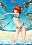 1girl adsouto ahoge beach bikini blue_sky blush bow breasts brown_hair curly_hair eyebrows_visible_through_hair freckles frilled_bikini frills glowing green_bikini green_eyes hair_bow highres looking_at_viewer motion_blur navel palm_tree penny_polendina rwby short_hair sky small_breasts smile solo strapless strapless_bikini swimsuit sword tree water watermark weapon 