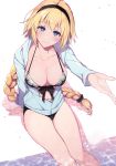  1girl bangs bikini black_bikini blonde_hair blue_eyes braid breasts cleavage commentary_request eyebrows_visible_through_hair fate/grand_order fate_(series) hairband highres jacket jeanne_d&#039;arc_(fate)_(all) jeanne_d&#039;arc_(swimsuit_archer) large_breasts long_hair looking_at_viewer pochi_(pochi-goya) smile solo swimsuit very_long_hair 