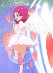  1girl :d angel_wings blush_stickers dress hair_ornament halo haruyama_kazunori heart hugtto!_precure nono_hana open_mouth pink_eyes pink_hair precure puffy_short_sleeves puffy_sleeves short_hair short_sleeves smile solo sparkle standing standing_on_one_leg walking white_dress wings x_hair_ornament 