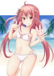  1girl beach bikini blue_sky bunny_hair_ornament clouds cowboy_shot crescent crescent_hair_ornament day drill_hair flat_chest hair_ornament highres kantai_collection long_hair looking_at_viewer low_twintails minakami_mimimi navel outdoors red_eyes redhead sky solo swimsuit twin_drills twintails uzuki_(kantai_collection) v white_bikini 