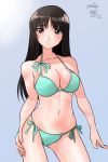  1girl aqua_bikini bangs bikini black_eyes blunt_bangs breasts brown_eyes contrapposto cowboy_shot girls_und_panzer large_breasts long_hair looking_at_viewer matsui_yasutsugu mature nishizumi_shiho side-tie_bikini solo standing swimsuit 