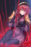  1girl bodysuit breasts commentary_request covered_navel fate/grand_order fate_(series) feng_mouren flower gae_bolg highres hood large_breasts long_hair pauldrons polearm purple_hair red_eyes scathach_(fate)_(all) scathach_(fate/grand_order) solo spear spider_lily weapon 