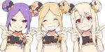  3girls :q ^_^ abigail_williams_(fate/grand_order) abigail_williams_(fate/grand_order)_(cosplay) absurdres alternate_costume alternate_hairstyle bare_arms bare_shoulders bikini black_bikini black_bow blush bow closed_eyes closed_eyes closed_mouth collarbone commentary_request cosplay double_bun emerald_float eyebrows_visible_through_hair facing_viewer fate/grand_order fate/kaleid_liner_prisma_illya fate_(series) forehead grin hair_between_eyes hair_bow hands_up highres illyasviel_von_einzbern light_brown_hair long_hair looking_at_viewer mitchi multiple_girls orange_bow polka_dot polka_dot_bow purple_hair red_eyes side_bun sidelocks simple_background smile swimsuit tongue tongue_out very_long_hair violet_eyes white_background wu_zetian_(fate/grand_order) 