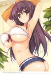  1girl absurdres armpits arms_up ass bangs belt blush breasts brown_eyes brown_hair closed_mouth collarbone eyebrows_visible_through_hair highres indoors large_breasts leaf long_hair looking_at_viewer midriff original plant scan shiny shiny_skin short_shorts shorts smile solo strapless tomose_shunsaku tubetop twisted_torso undressing 