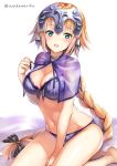  1girl :d ayakawa_riku bangs barefoot bed_sheet between_legs black_bow blonde_hair blue_bra blue_eyes blue_panties blue_ribbon blush bow bra braid breasts capelet choker cleavage eyebrows_visible_through_hair fate/apocrypha fate_(series) hair_bow hand_between_legs headpiece jeanne_d&#039;arc_(fate) jeanne_d&#039;arc_(fate)_(all) long_hair looking_at_viewer medium_breasts navel open_mouth panties ribbon shiny shiny_hair simple_background single_braid sitting smile solo twitter_username underwear underwear_only very_long_hair white_background yokozuwari 