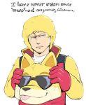  1boy alternate_costume animal_costume blonde_hair blue_eyes commentary english english_commentary frown gloves gundam holding_object jacket male_focus military military_uniform open_mouth quattro_vageena red_gloves red_jacket scar short_hair simple_background sleeveless smile solo sunglasses tongue tongue_out turtleneck uniform upper_body white_background yellow_fur zeta_gundam zoro_fab 