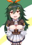  1girl absurdres blush breasts buttons cetme_ameli_(girls_frontline) cleavage cleavage_cutout girls_frontline gloves green_hair headband highres incoming_hug large_breasts long_hair looking_at_viewer open_mouth red_eyes rifusutaku simple_background skirt solo thigh-highs 