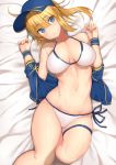  1girl arms_up artoria_pendragon_(all) bangs bikini blonde_hair blue_eyes blue_hat blue_jacket body_mahattaya_ginga breasts eyebrows_visible_through_hair fate/grand_order fate_(series) hat head_tilt jacket large_breasts looking_at_viewer medium_hair mysterious_heroine_x navel off_shoulder open_clothes open_jacket parted_lips ponytail side-tie_bikini side-tie_bottom solo swimsuit visor_cap white_bikini wristband 